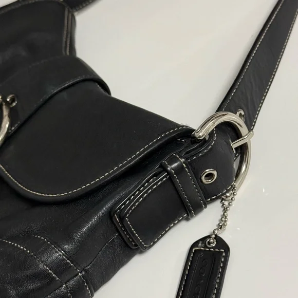Coach Dark Leather Shoulder Bag with Silver Accents